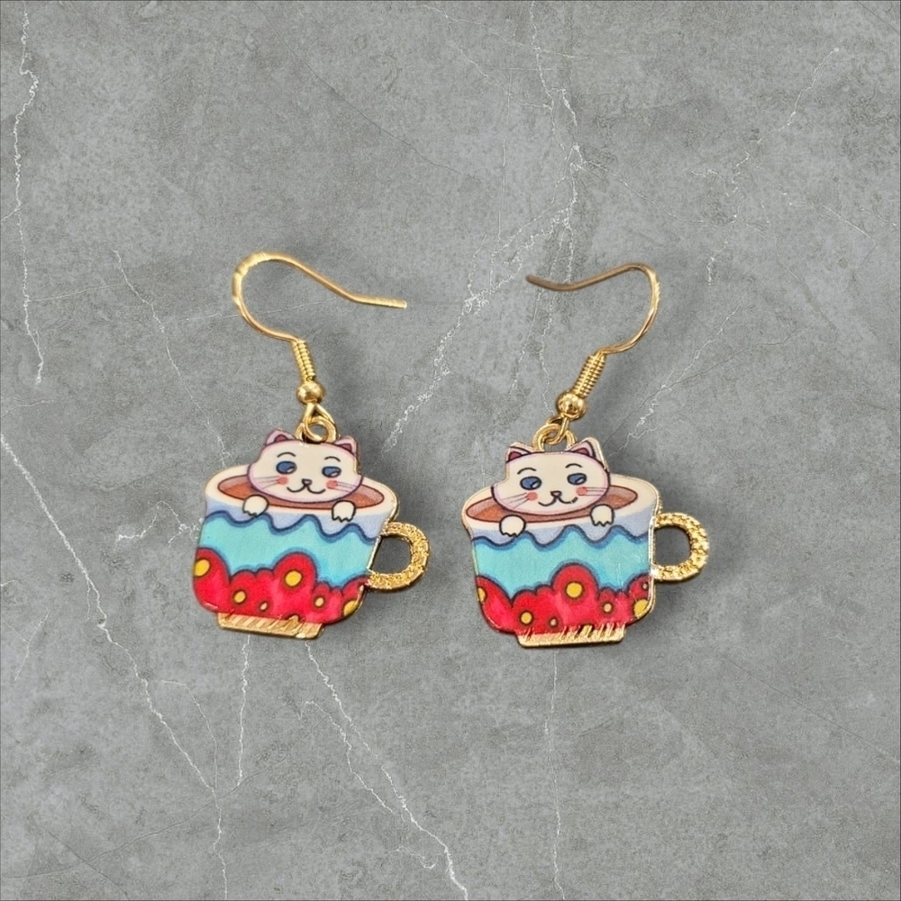 Cute Cat in Cup Earrings